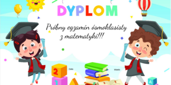 grafika z chłopcem i dziewczynką i napisem kolorowym dyplom i próbny egzamin ósmoklasisty z matematyki