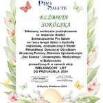 Podziękowanie od stowarzyszenia Prosalute za współpracę dla pani Elżbiety Doroty Sokólskiej dyrektor ZS15 przy UDSK
