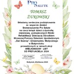 Podziękowanie od stowarzyszenia Prosalute za współpracę dla Tomasza Żukowskiego wicedyrektora ZS15 przy UDSK