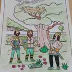 Pokolorowana ilustracja do legendy przedstawiająca trzech mężczyzn stojących pod wielkim dębem z orlim gniazdem i orła szybującego nad nimi.