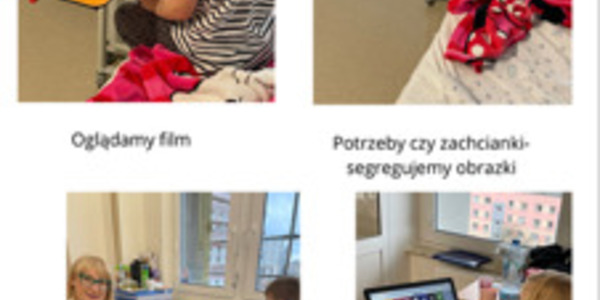 kolaż 4 zdjęć
pierwsze oglądanie filmu
drugie segregowanie obrazków
trzecie rozmowa o prawach dzieci
czwarte czytanie na głos praw dzieci