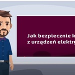 grafika mężczyzna obok tablicy z napisem jak bezpiecznie korzystać z urządzeń elektrycznych