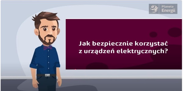 grafika mężczyzna obok tablicy z napisem jak bezpiecznie korzystać z urządzeń elektrycznych