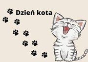 grafika z uśmiechniętym kotem i sladami kocich łap i napisem dzień kota