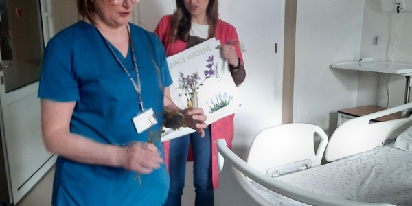 nauczycielki w Sali pacjentów prezentują wiosenne kwiaty i rośliny