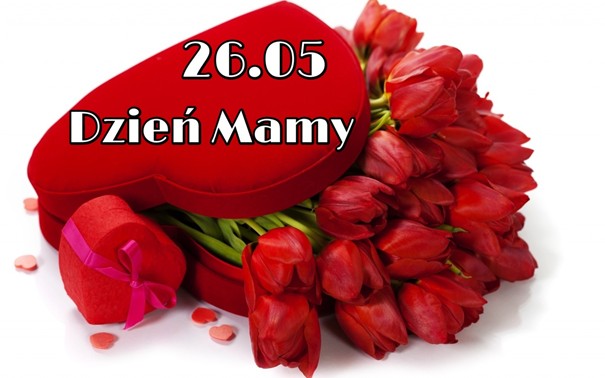 bukiet róż czerwone serce i napis dzień matki