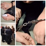 Kajdanki na rękach wychowanka z policyjną pieczątka z numerem alarmowym 112