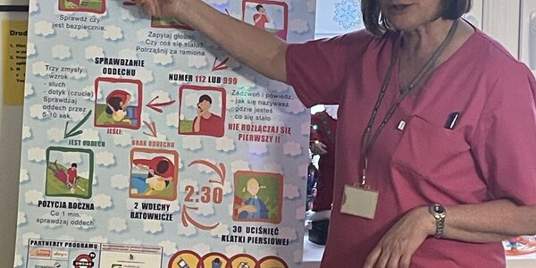 Nauczyciel objasnia schemat działań przy udzielaniu pierwszej pomocy