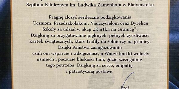 Podziękowanie za udział w akcji Kartka na Granicę