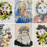 Kolaż prac dzieci z wizerunkiem Leonardo da Vinci