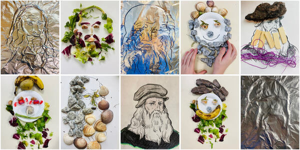 Kolaż prac dzieci z wizerunkiem Leonardo da Vinci