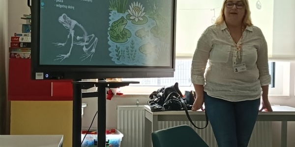 Pani z urzędu miejskiego opowiada o płazach