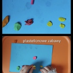 Plastelinowe zabawy dziecka na niebieskim arkuszu papieru