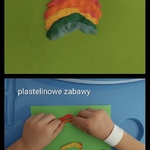 Plastelinowe zabawy dziecka na zielonym arkuszu papieru
