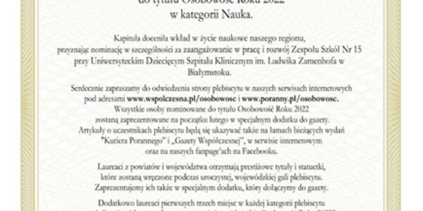dyplom z nominacją dyrektora szkoły do plebiscytu