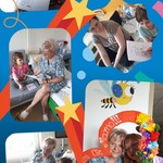 collage sześciu zdjęć, na których nauczycielki przedszkola czytają z dziećmi wierszyk dla mam i kolorują laurki.