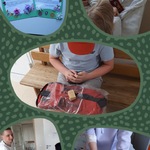 Zdjęcie 1 z 5 collage pięciu zdjęć, na1 zdjęciu podziękowania firmie,na 2 i3zdjęciu są przedstawione dzieci z upominkami od firmy DB Schende na 4 zdjęciu lider firmy Adam wręcza upominek dziecku