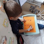 Chłopiec rysuje jesienne drzewa i ptaki