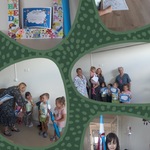 Collage sześciu zdjęć: na jednym jest ramka do zdjęć z napisem “Dzień Przedszkolaka”, dyplom i duży ołówek do pasowania; na drugim dzieci siedzą przy stoliku i wykonują zadania na kartach pracy; na trzecim Pani Dyrektor wręcza dyplomy; kolejne zdjęcie grupowe dzieci z Panią Dyrektor i nauczycielkami; na następnym nauczycielka czyta zagadkę dziewczynce; na ostatnim stoi dziewczynka z ołówkiem i dyplomem.