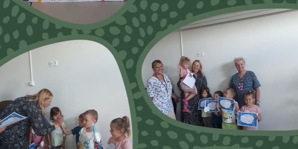 Collage sześciu zdjęć: na jednym jest ramka do zdjęć z napisem “Dzień Przedszkolaka”, dyplom i duży ołówek do pasowania; na drugim dzieci siedzą przy stoliku i wykonują zadania na kartach pracy; na trzecim Pani Dyrektor wręcza dyplomy; kolejne zdjęcie grupowe dzieci z Panią Dyrektor i nauczycielkami; na następnym nauczycielka czyta zagadkę dziewczynce; na ostatnim stoi dziewczynka z ołówkiem i dyplomem.