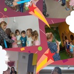 Collage sześciu zdjęć na których Pani Dyrektor i Pani Wiesia pasują dużym ołówkiem dzieci na przedszkolaków.
5. Collage sześciu zdjęć portretowych, na pięciu z nich są dzieci w birecie, w ramce z napisem “Dzień Przedszkolaka” i z dyplomem, a na ostatnim jest chłopczyk w birecie z mamą.