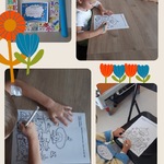 Collage czterech zdjęć: na jednym jest ramka do zdjęć z napisem “Dzień Przedszkolaka”, dyplom i duży ołówek do pasowania; na pozostałych dzieci siedzą przy stolikach i wykonują zadania na kartach pracy.