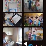 Collage sześciu zdjęć: na jednym jest ramka do zdjęć z napisem “Dzień Przedszkolaka” i dyplom; na dwóch kolejnych dzieci bawią się; na jednym zdjęciu dziewczynka wykonuje zadanie na karcie pracy; na innym nauczycielka pokazuje chłopcu obrazek; na ostatnim chłopiec i dziewczynka składają ślubowanie.
