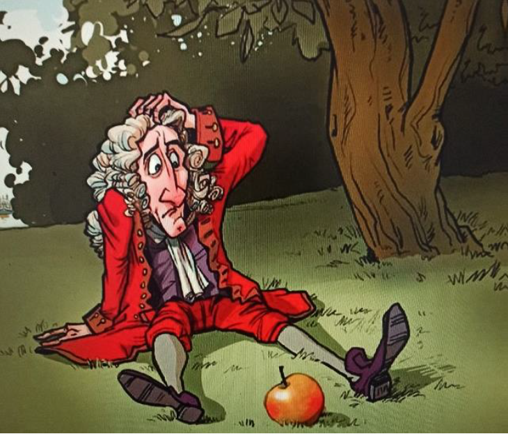 grafika Newton siedzi pod drzewem obok niego leży jabłko które spadło mu na głowę