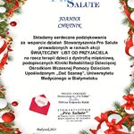 podziękowania od stowarzyszenia prosalute dla nauczycielki Joanny Chętnik